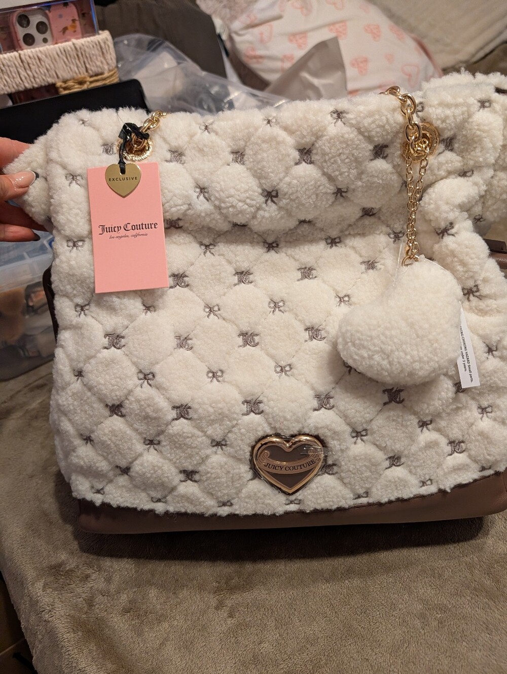 Juicy Couture White Quilted Sherpa Shoulder Bag with Heart Charm